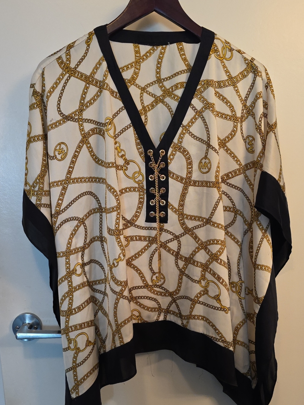 Michael Kors Cream Tunic with Gold Chain Print and Black Trim